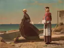 Dad's Coming! van Winslow Homer: figuren met strand, vrouw, kind en zee, in warm beige en blauw