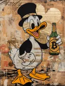 Pop-art schilderij van een eendfiguur met hoge hoed die een bitcoin-fles vasthoudt