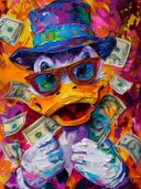 Pop-art schilderij van een eendfiguur met hoed die dollarbiljetten vasthoudt