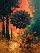 Dahlia aan de bosrand in antracietkoraal, schilderij van dahlia tegen de lucht