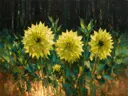 Schilderij van dahlia aan de bosrand in citroen, in vlakke kleurvlakken