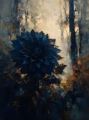 Dahlia aan de bosrand in inktblauw, schilderij van dahlia aan de bosrand