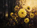 Dahlia aan de bosrand in zwavelviolet, schilderij van dahlia tegen de lucht