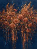 Dahlia aan de oever in terracotta, schilderij van dahlia onder de hemel