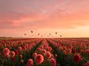 Landschapsfoto van dahlia bij de zonsondergang, met zwaluwen laag over de bloemen