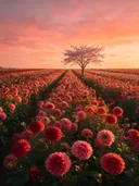 Landschapsfoto van dahlia bij de zonsondergang, met een bloesemboom