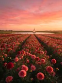 Landschapsfoto van dahlia bij de zonsondergang, met een zeilbootje