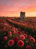 Landschapsfoto van dahlia bij de zonsondergang, met de ruïne van een oude toren