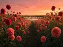 Landschapsfoto van dahlia bij de zonsondergang, met flamingo's in een ondiepe plas