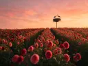 Landschapsfoto van dahlia bij de zonsondergang, met ooievaars in hun nest