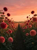 Landschapsfoto van dahlia bij de zonsondergang, met een kudde schapen