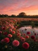 Landschapsfoto van dahlia bij de zonsondergang, met een kikker op een blad