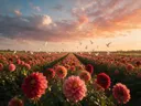 Landschapsfoto van dahlia bij het gouden uur, met witte duiven die opvliegen