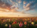 Landschapsfoto van dahlia bij het gouden uur, met een helikopter boven de horizon