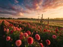 Landschapsfoto van dahlia bij het gouden uur, met een houten hek