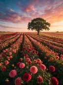 Landschapsfoto van dahlia bij het gouden uur, met een statige eik