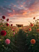 Landschapsfoto van dahlia bij het gouden uur, met een koe aan de rand van het veld