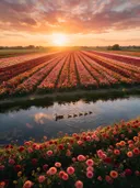 Landschapsfoto van dahlia bij het gouden uur, met een eend met haar kuikens