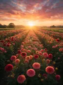 Landschapsfoto van dahlia bij het gouden uur, met een reekalfje