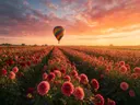 Landschapsfoto van dahlia bij het gouden uur, met een luchtballon boven de horizon