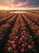 Landschapsfoto van dahlia bij het gouden uur, met zwanen