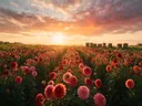 Landschapsfoto van dahlia bij het gouden uur, met een rij bijenkorven