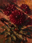 Schilderij van dahlia in bordeaux, in vlakke kleurvlakken