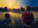 Dahlia in de weide in aubergine, schilderij van dahlia