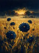 Dahlia in de weide in blauwgeel, schilderij van dahlia onder een storm
