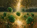 Dahlia in de weide in bosgroen, schilderij van dahlia onder een storm