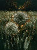 Schilderij van dahlia in de weide in saliegrijs, in vlakke kleurvlakken