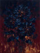 Dahlia in groepjes in inktblauw, schilderij van dahlia aan de bosrand