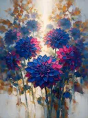 Schilderij van dahlia in groepjes in kobaltmagenta, in vlakke kleurvlakken