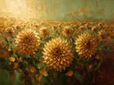 Schilderij van dahlia in het landschap in kopergloed, in vlakke kleurvlakken