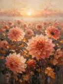 Schilderij van dahlia in het landschap in koraal, in vlakke kleurvlakken