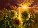 Schilderij van dahlia onder de hemel in limoen, in vlakke kleurvlakken