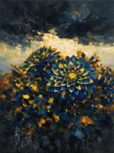 Dahlia onder een storm in blauwgeel, schilderij van dahlia onder een storm