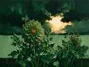 Dahlia onder een storm in bosgroen, schilderij van dahlia onder een storm