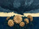 Schilderij van dahlia onder een storm in zandduin, in vlakke kleurvlakken