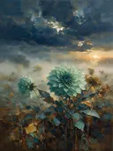 Dahlia onder een storm in zeegroen, schilderij van dahlia