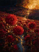 Schilderij van dahlia op de helling in karmozijn, in vlakke kleurvlakken