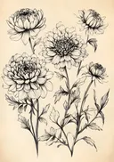 Dahlia botanische schets, botanische schets van een dahlia