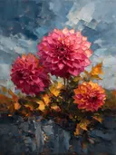 Schilderij van dahlia tegen de lucht in fuchsia, in vlakke kleurvlakken