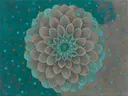Schilderij van dahlia van dichtbij in aqua en warm grijs, in vlakke kleurvlakken