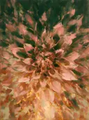 Schilderij van dahlia van dichtbij in groenroze, in vlakke kleurvlakken