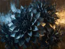 Schilderij van dahlia van dichtbij in leisteen, in vlakke kleurvlakken