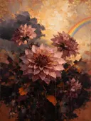 Schilderij van dahlia van dichtbij in oudroze, in vlakke kleurvlakken