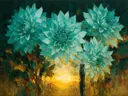 Dahlia van dichtbij in turkoois, schilderij van dahlia aan de oever