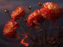 Schilderij van rode dahlia's aan de rand van een kloof met lava