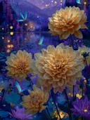 Schilderij van gouden dahlia's met blauwe vlinders bij een meer